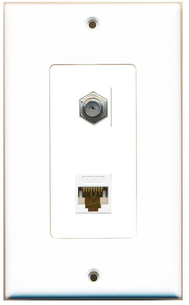 RiteAV - 1 Coax Cable TV F and 1 Cat6 White Ethernet Wall Plate Decorative - White