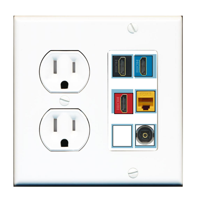 6 Port Custom Keystone Wall Plate w/Tamper Resistant Round Power Outlet
