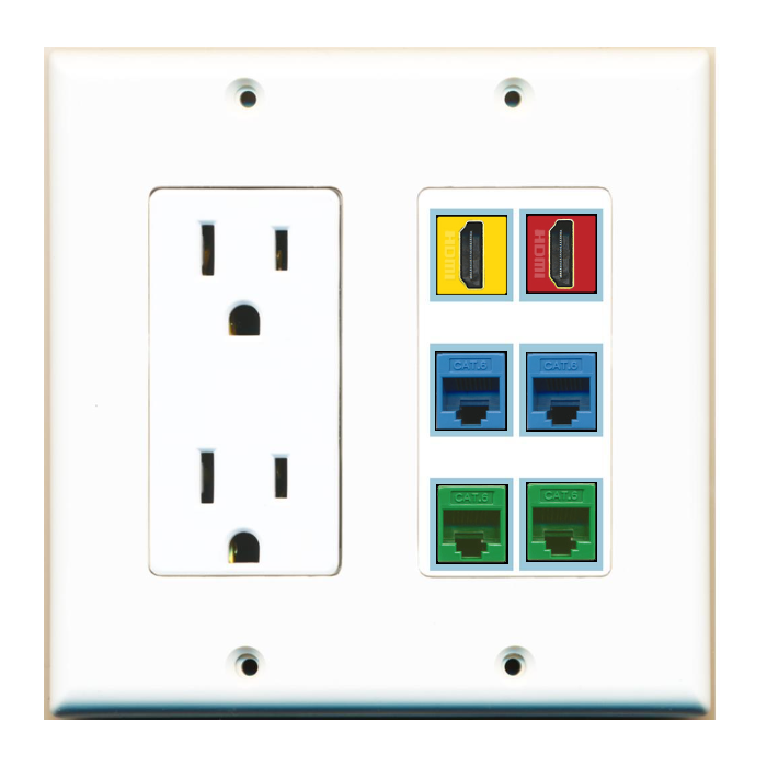 6 Port Custom Keystone Wall Plate w/DecorZ Power Outlet White