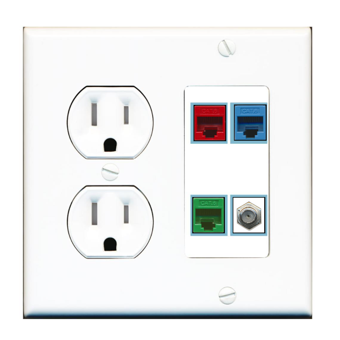 4 Port Custom Keystone Wall Plate w/Tamper Resistant Round Power Outlet
