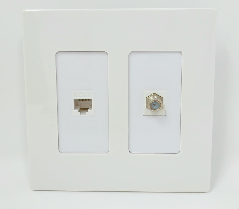 RiteAV - 1 Port Coax Cable TV- F-Type 1 Port Cat6 Ethernet Dual Gang Screwless Wall Plate - White