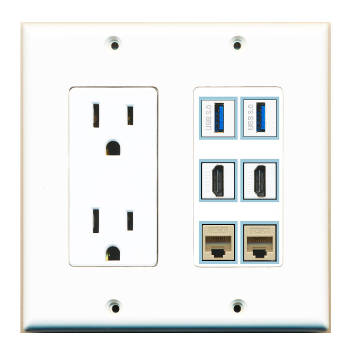 6 Port Custom Keystone Wall Plate w/DecorZ Power Outlet White