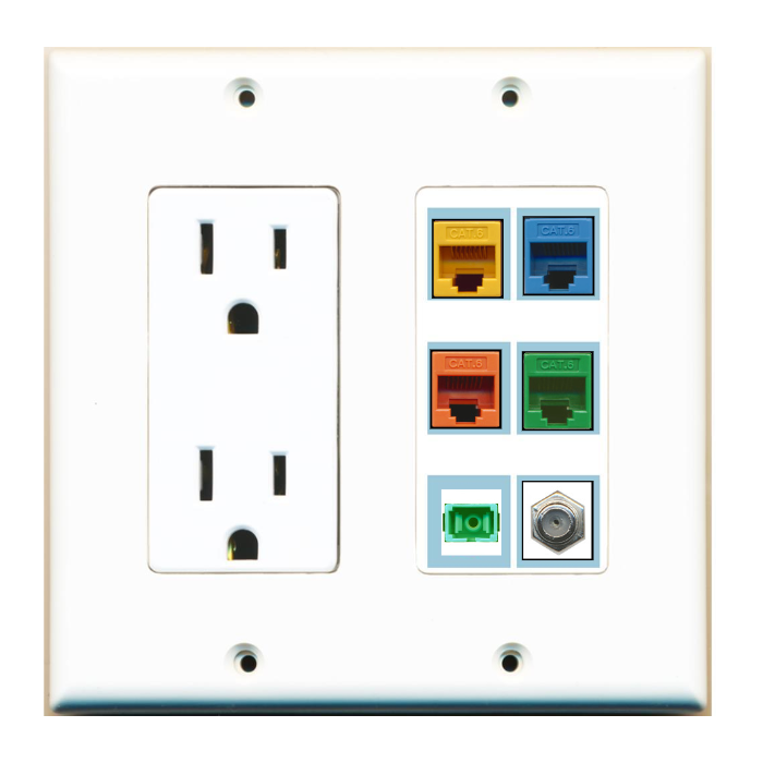 6 Port Custom Keystone Wall Plate w/DecorZ Power Outlet White