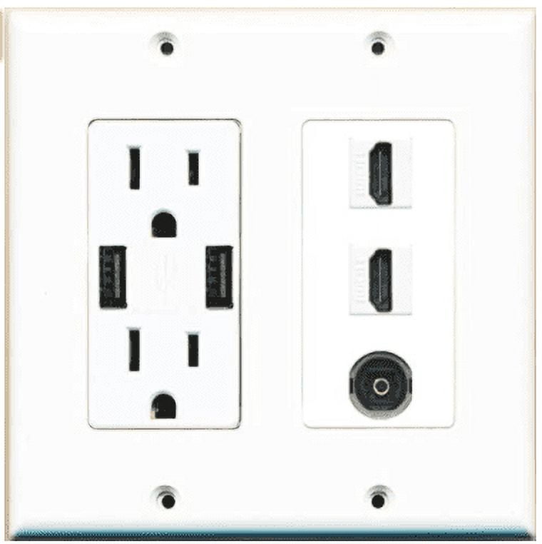 RiteAV USB Charger Outlet 15A/125V with Dual 3.6A USB Charging Ports and 2 x HDMI and 1 x Toslink Decorative White Wall Plate