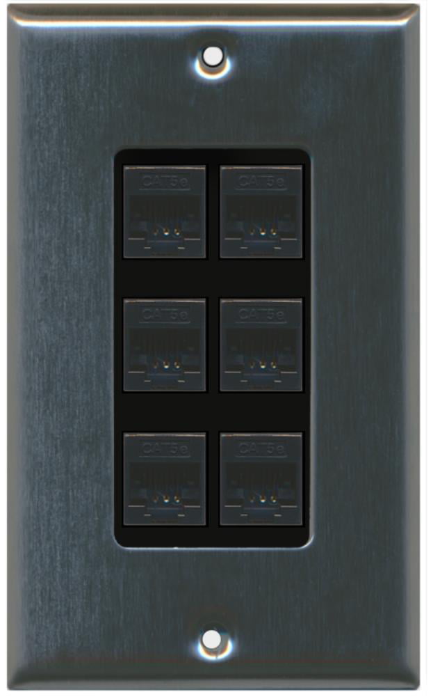RiteAV Decorative 1 Gang 6 Port Cat5e Wall Plate - Stainless/Black