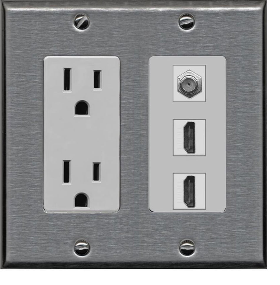 RiteAV - 15 Amp Power Outlet 2 Port HDMI 1 Port Coax Decorative Wall Plate - Stainless Steel & Gray