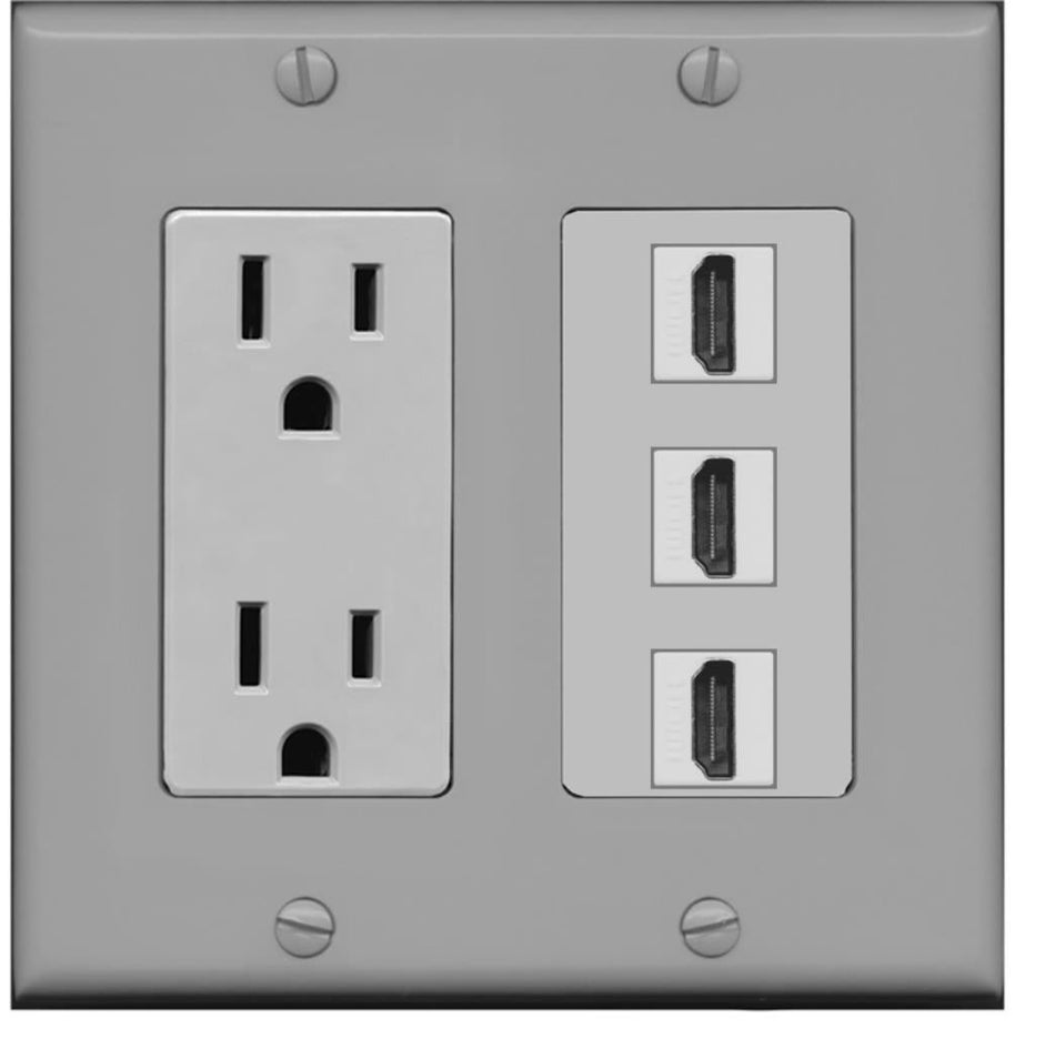 RiteAV - 15 Amp Power Outlet 3 Port HDMI Decorative Wall Plate - Gray