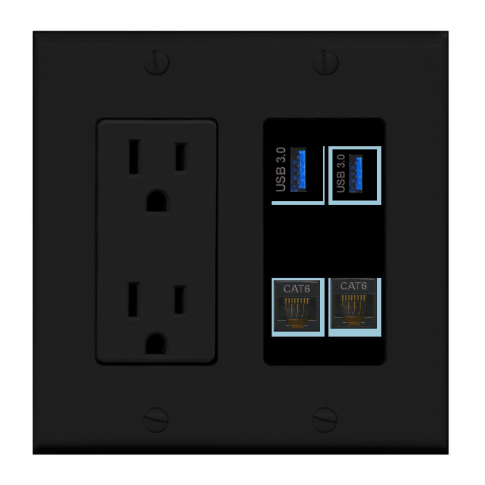 4 Port Custom Keystone Wall Plate w/DecorZ Power Outlet Black