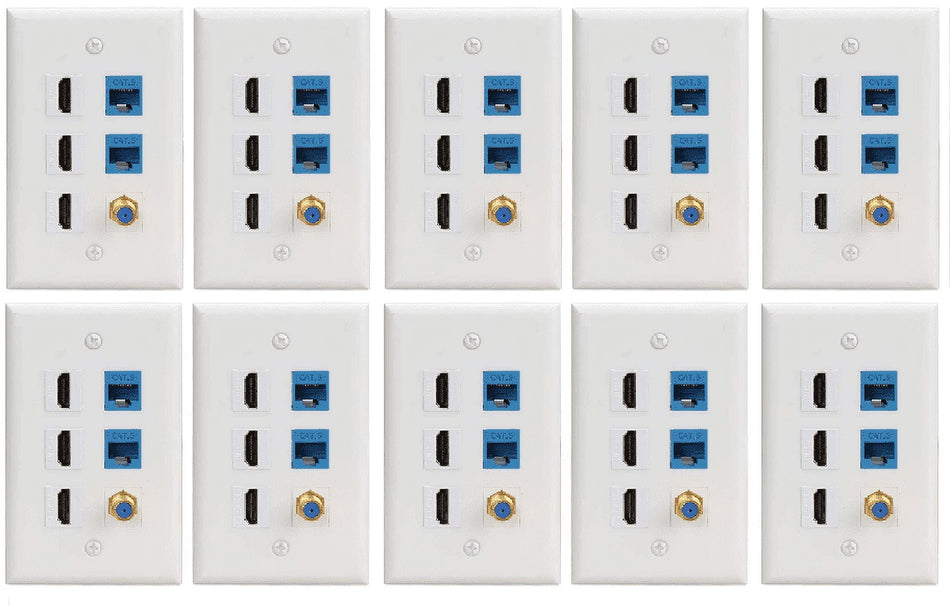 RiteAV - 3 Port HDMI, 2 Port Cat6 and 1 Port Gold Plated Coax Wall Plate - White (10 Pack)