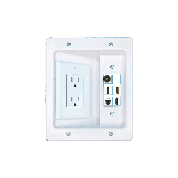 RiteAV Custom 6 Port Recessed Wall Plate Cable Concealer Management Kit with Power Outlet Hides Cords and Cables