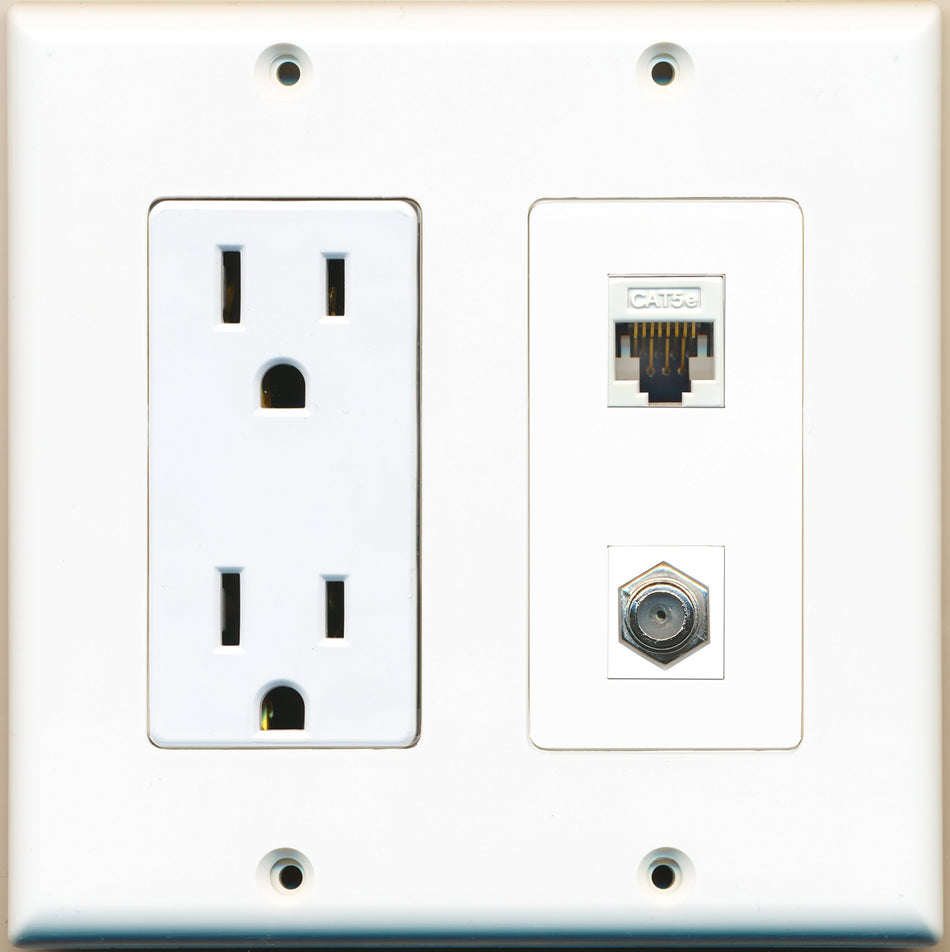 RiteAV - 2 x 15 Amp 125V Power Outlets 1 Cat5e Ethernet and 1 Coax Wall Plate