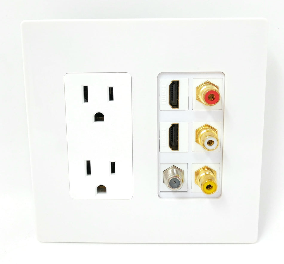 RiteAV - 2 x 15 Amp 125V Power Outlet 3 x RCA - 2 X HDMI and 1 x Coax Cable TV Port Screwless Wall Plate White