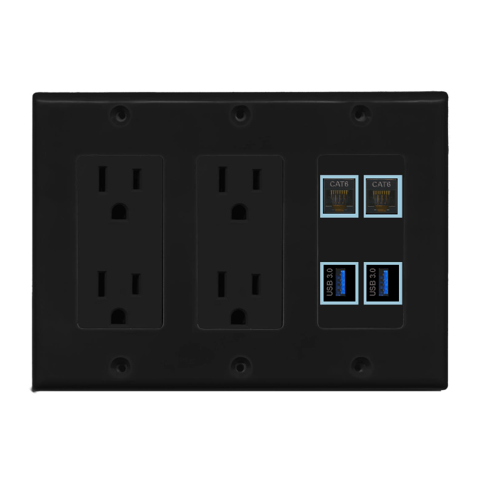 4 Port Custom Keystone Wall Plate w/Dual DecorZ Power Outlet Black