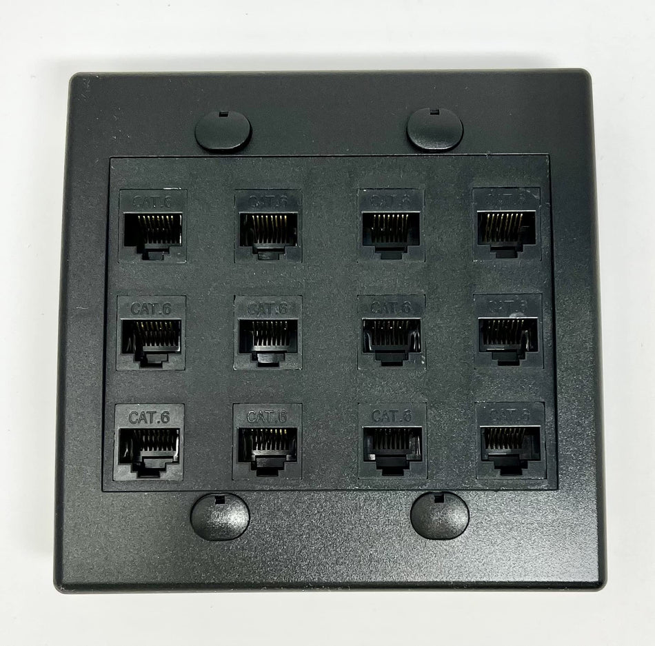 RiteAV 12 Port Flat Dual 2 Gang Ethernet Cat6 RJ45 Network Wall Plate - Black