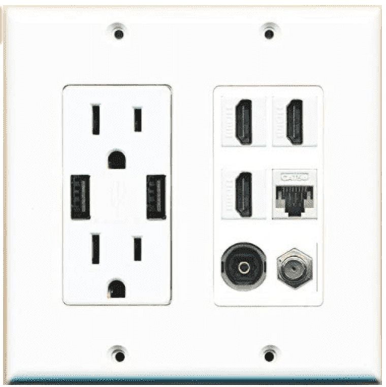 RiteAV USB Charger Outlet 15A/125V with Dual 3.6A USB Charging Ports and 3 x HDMI, 1 x Cat5E, 1 x Toslink and 1 x Coax Decorative White Wall Plate