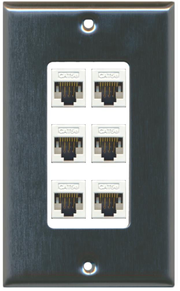 RiteAV Decorative 1 Gang 6 Port Cat5e Wall Plate - Stainless/White
