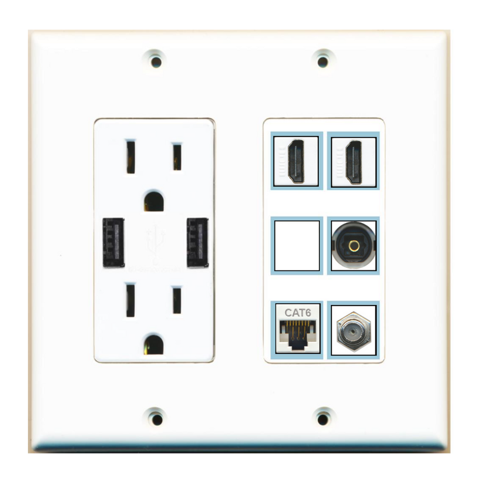 6 Port Custom Keystone Wall Plate w/2 USB Charger Power Outlet