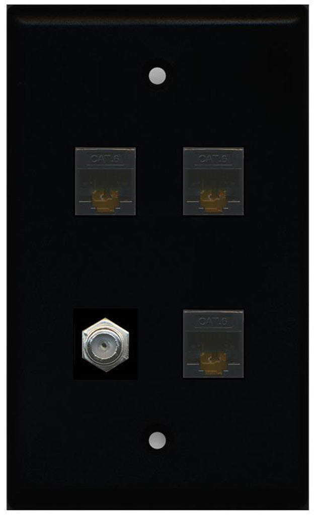 RiteAV 1 Port Coax Cable TV- F-Type 3 Port Cat6 Ethernet Wall Plate - Black