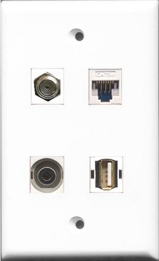 RiteAV 1 Port Coax Cable TV- F-Type and 1 Port USB A-A and 1 Port 3.5mm and 1 Port Cat5e Ethernet White Wall Plate