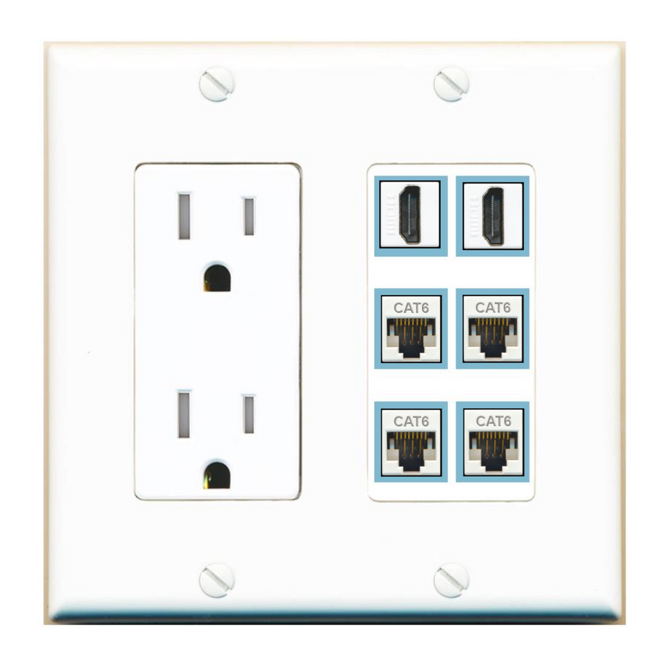 6 Port Custom Keystone Wall Plate with Tamper Resistant DecorZ Power Outlet