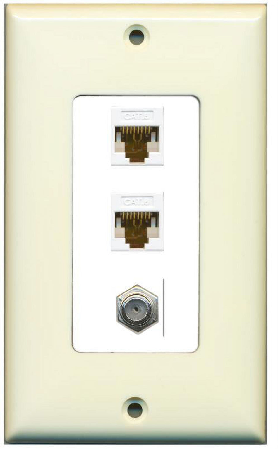 RiteAV Decorative 1 Gang Wall Plate (Light Almond/White) 3 Port - 2 x Cat6, 1 x Coax