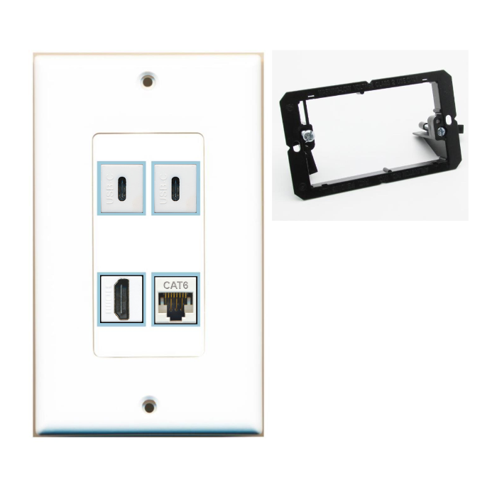 4 Port Custom Keystone Wall Plate DecorZ White w/Mounting Bracket