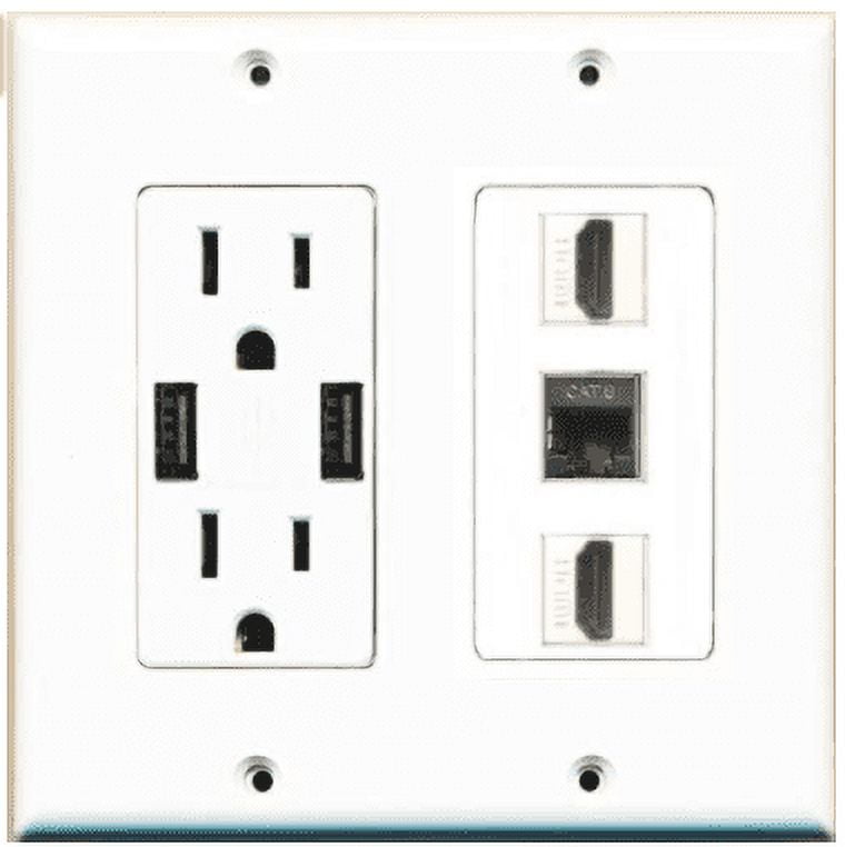 RiteAV USB Charger Outlet 15A/125V with Dual 3.6A USB Charging Ports and 2 x HDMI 1 x Cat6 Shielded Ethernet Decorative White Wall Plate