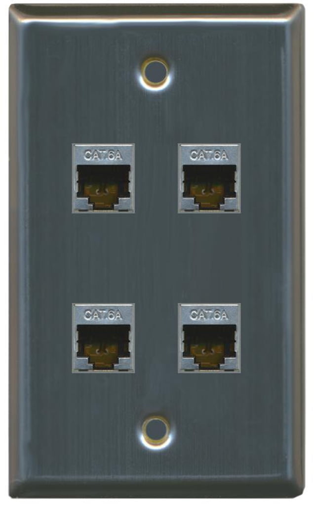 RiteAV CAT 6A 4 Port Shielded Cat6a Wall Plate 1 Gang - Stainless Steel