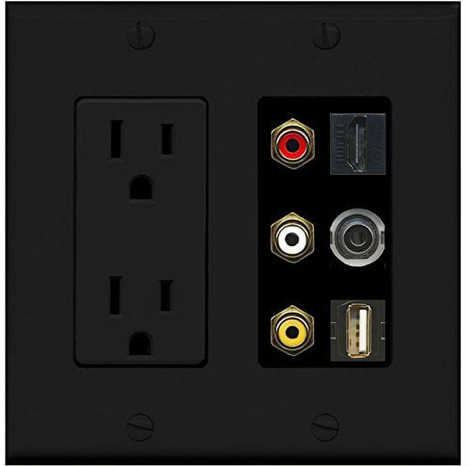 RiteAV - (2 Gang Decorative Power Outlet Composite Video 3.5mm USB HDMI Wall Plate Black