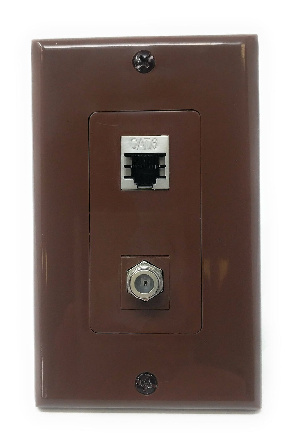 RiteAV Decorative 1 Gang Wall Plate (Brown/Brown) 2 Port - Cat6 (Shielded) Coax (Brown) - Bracket Included
