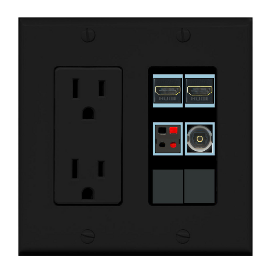 6 Port Custom Keystone Wall Plate w/DecorZ Power Outlet Black
