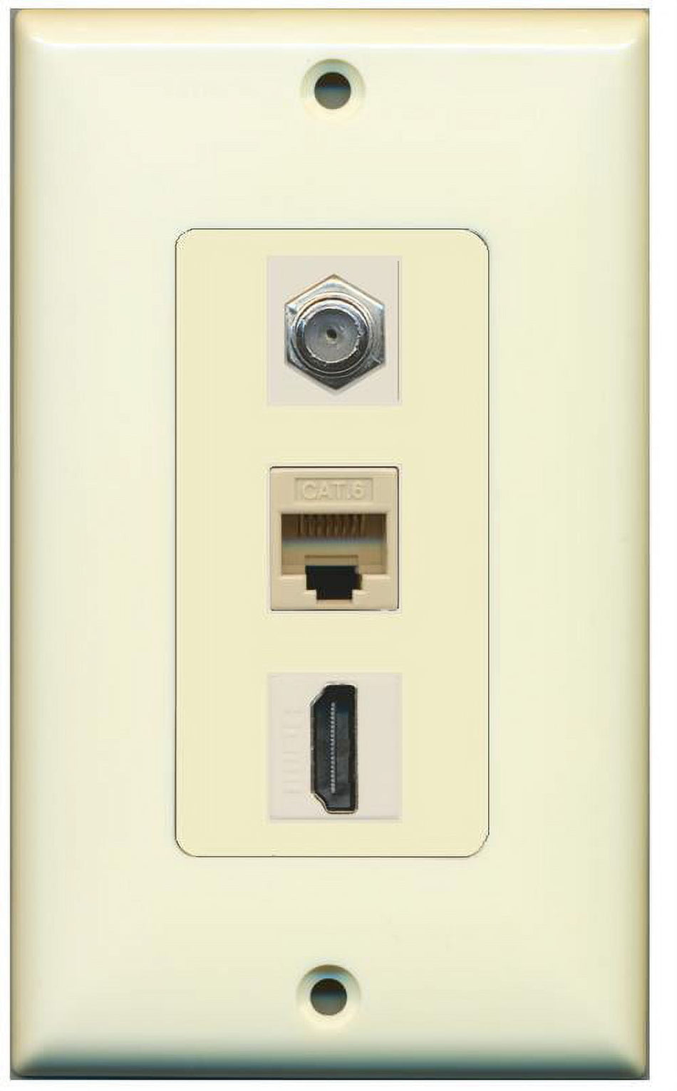 RiteAV Decorative 1 Gang Wall Plate (Light Almond/Light Almond) 3 Port - Coax (Ivory) Cat6 (Ivory) HDMI (Ivory)