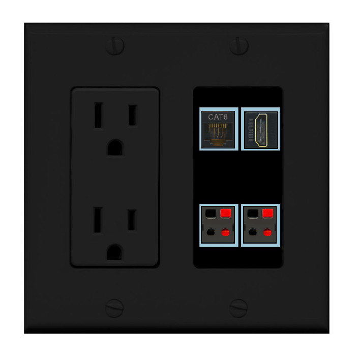 4 Port Custom Keystone Wall Plate w/DecorZ Power Outlet Black
