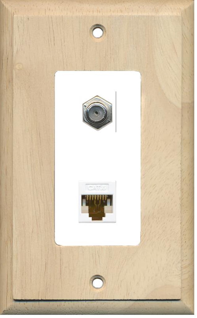 RiteAV - 1 Coax Cable TV F and 1 Cat6 Ethernet Wall Plate Decorative - Wood & White - Bracket Included