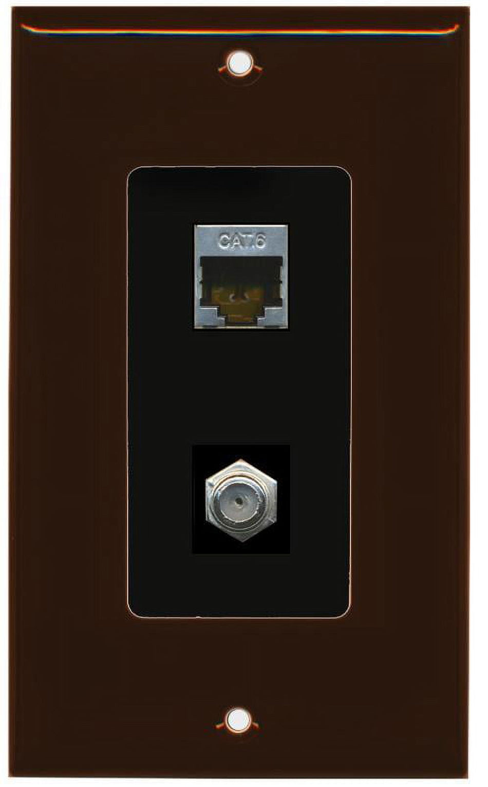 RiteAV Decorative 1 Gang Wall Plate (Brown/Black) 2 Port - Cat6 (Shielded) Coax (Black) - Bracket Included
