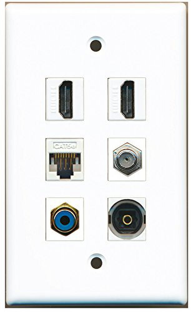 RiteAV - 2 HDMI 1 Port RCA Blue 1 Port Coax Cable TV- F-Type 1 Port Toslink 1 Port Cat5e Ethernet White Wall Plate