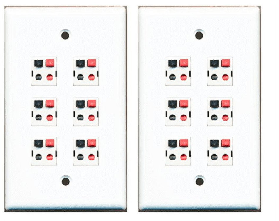 RiteAV 6 Port Speaker Jack Single Gang Wall Plate for Home Theater - White - 2 Pack
