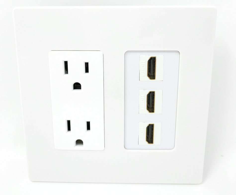 RiteAV - 15 Amp Power Outlet 3 Port HDMI Decorative Screwless Wall Plate - White