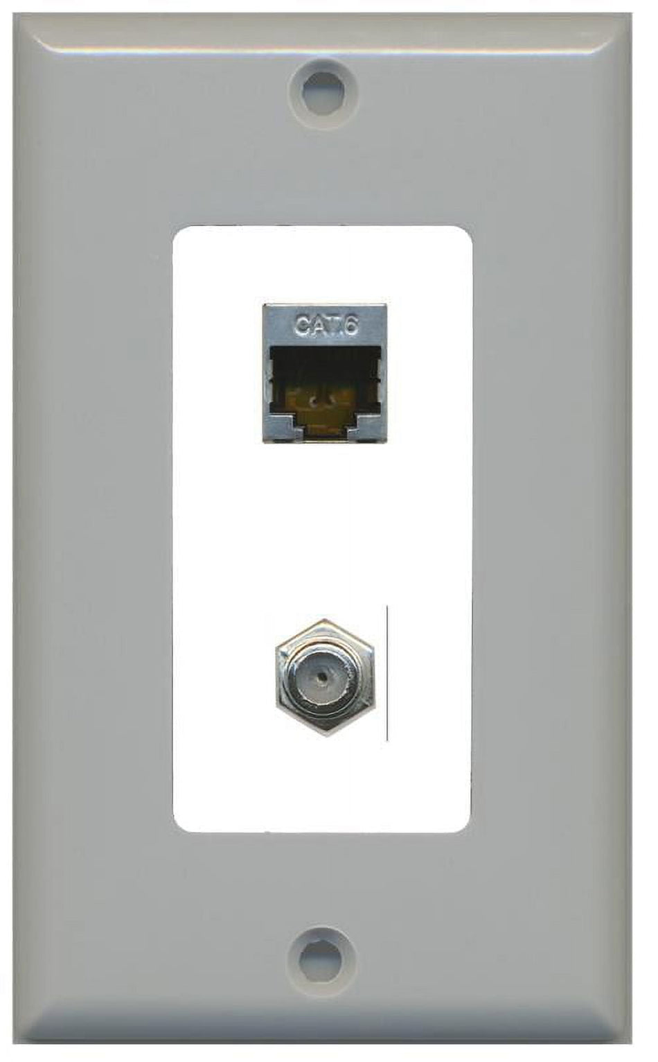 RiteAV Decorative 1 Gang Wall Plate (Gray/White) 2 Port - Cat6 (Shielded) Coax (White) - Bracket Included