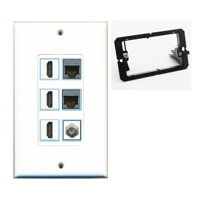6 Port Custom Keystone Wall Plate DecorZ White w/Mounting Bracket