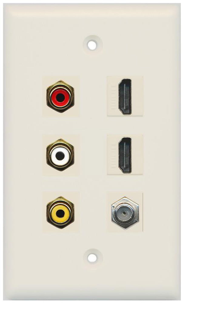 RiteAV - 3 x RCA - 2 X HDMI and 1 x Coax Cable TV Port Wall Plate - Light Almond