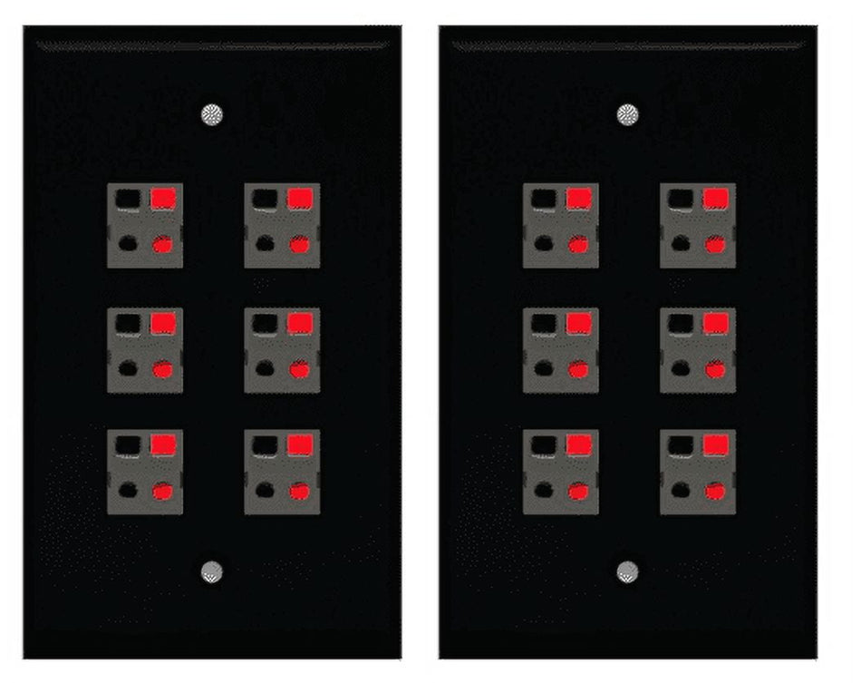 RiteAV 6 Port Speaker Jack Single Gang Wall Plate for Home Theater - Black - 2 Pack