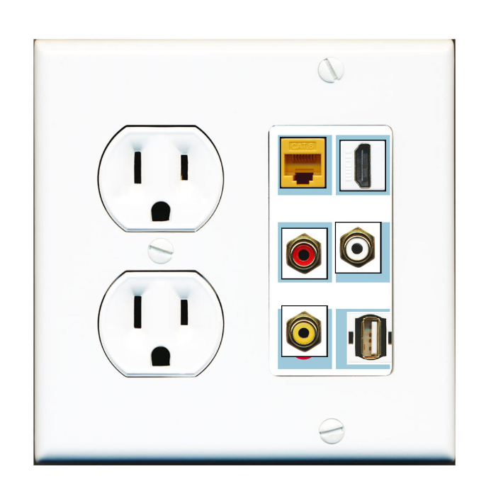 6 Port Custom Keystone Wall Plate w/Round Power Outlet