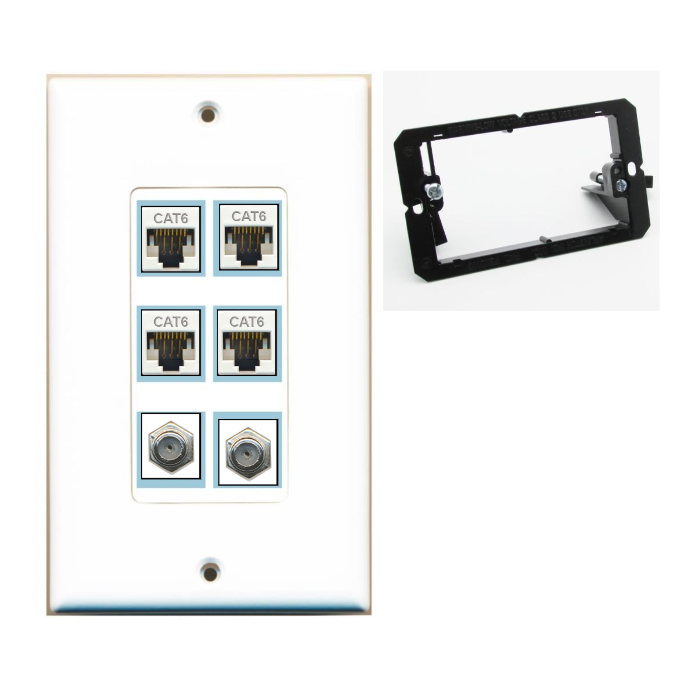 6 Port Custom Keystone Wall Plate DecorZ White w/Mounting Bracket