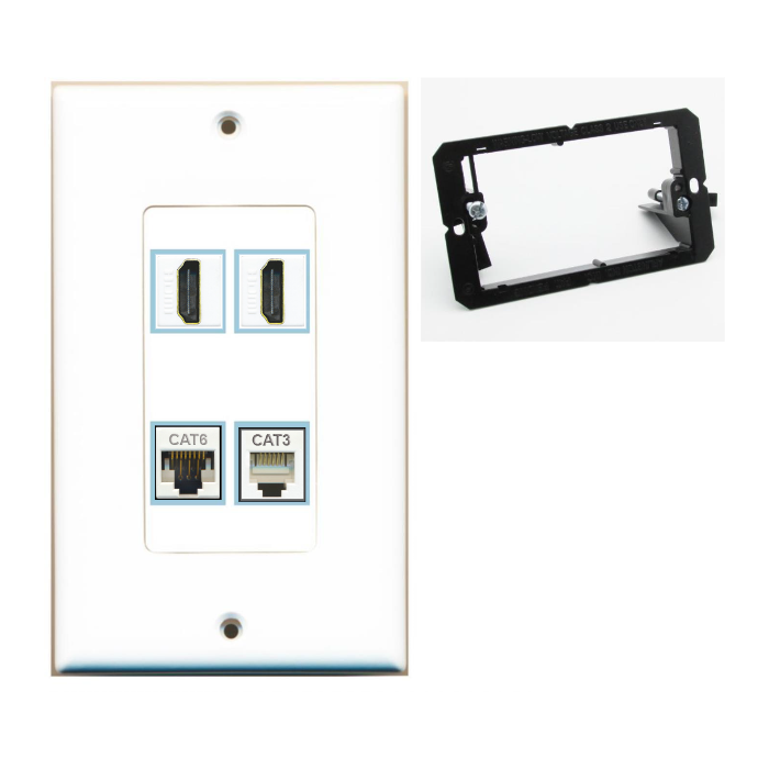 4 Port Custom Keystone Wall Plate DecorZ White w/Mounting Bracket