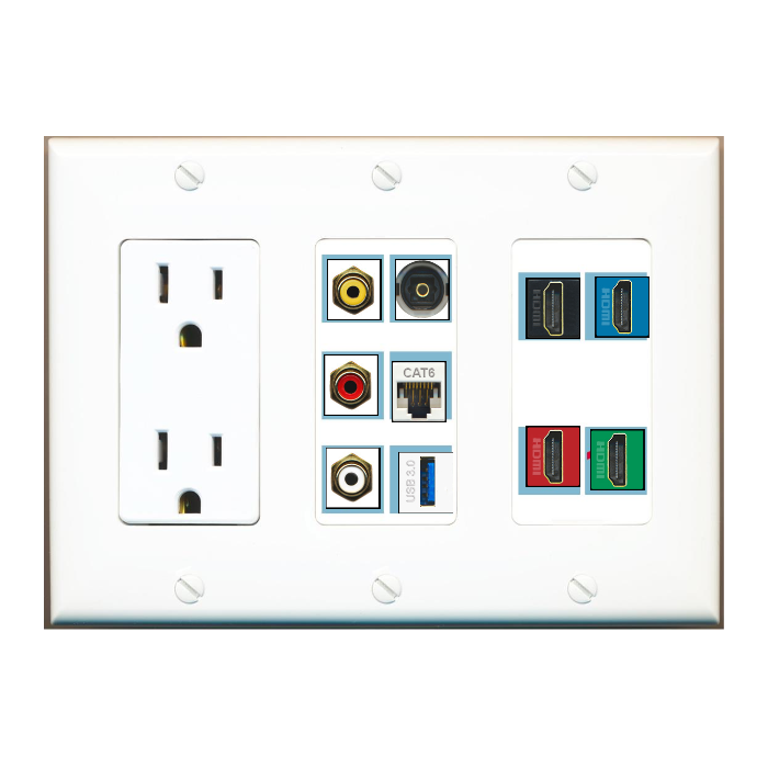 Custom Wall Plate 15 Amp Power Outlet White with up to 10 Keystone Ports