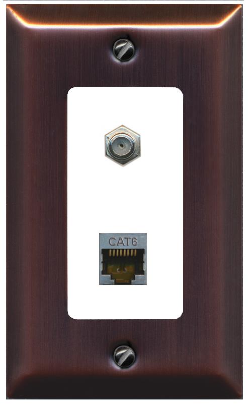 RiteAV 1 Port Cat6-Shielded Ethernet Coax Jack Wall Plate - 1 Gang [Brushed-Copper/White]