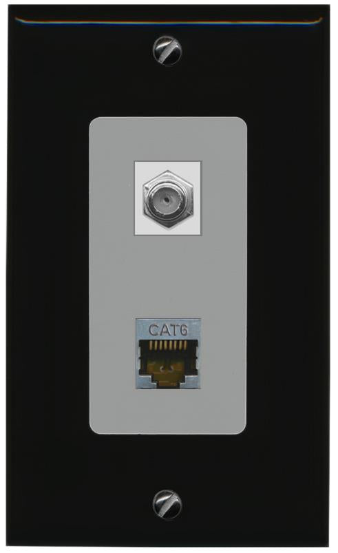 RiteAV 1 Port Cat6-Shielded Ethernet Coax Jack Wall Plate - 1 Gang [Black/Gray]