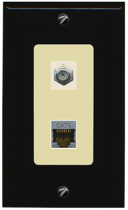 RiteAV 1 Port Cat6-Shielded Ethernet Coax Jack Wall Plate - 1 Gang [Black/Ivory]