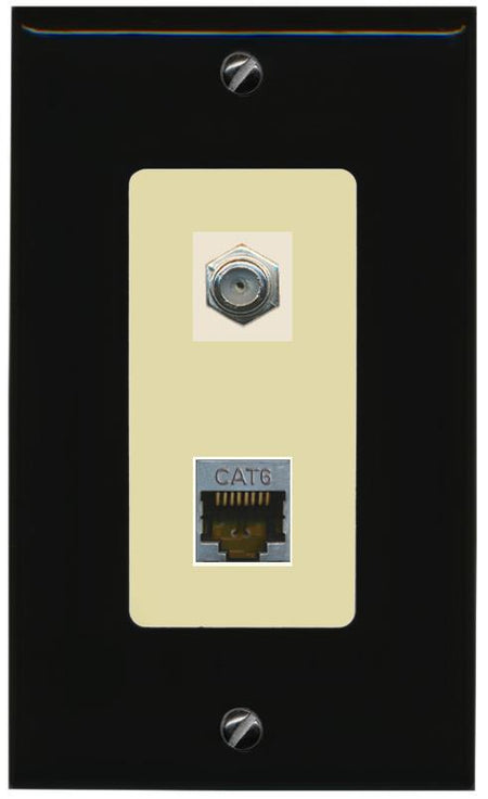 RiteAV 1 Port Cat6-Shielded Ethernet Coax Jack Wall Plate - 1 Gang [Black/Ivory]
